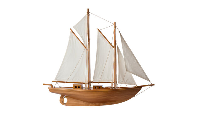 Wooden model sailboat with white sails and masts
