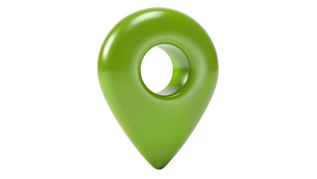 Shiny green map pin marker with hole, isolated on transparent background