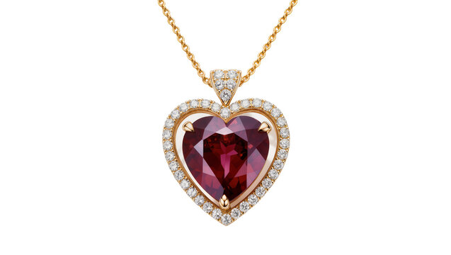 Heart shaped ruby pendant necklace with diamonds and gold chain