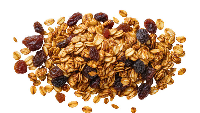 Crunchy granola with raisins and oats, isolated on transparent background