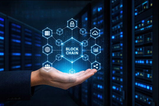 Hand holding blockchain technology concept in server room with digital block chain network security data storage and cloud icons for cryptocurrency and distributed ledger infrastructure visualization