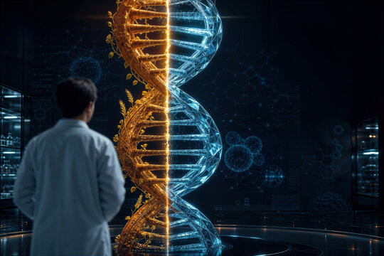 Anonymous scientist observing split double helix DNA representing organic terracotta botanical growth versus lab engineered cyan crystalline cellular agriculture ethics and food provenance debate
