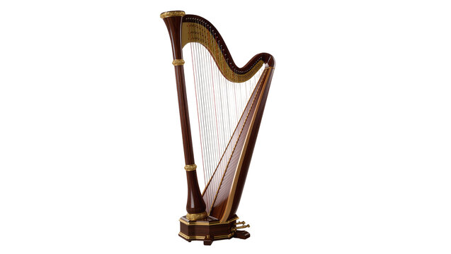 Wooden concert harp with gold accents and many strings