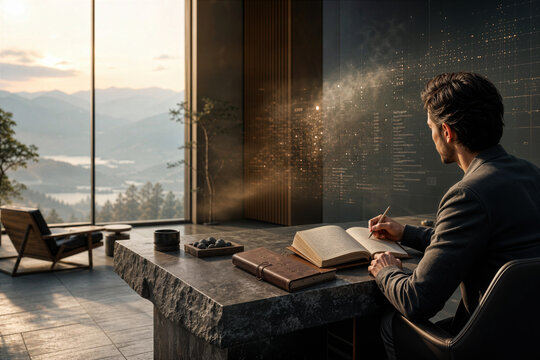 Corporate digital detox retreat scene with professional writing in leather journal at stone desk symbolizing analog productivity and mental wellness transition from algorithmic fatigue
