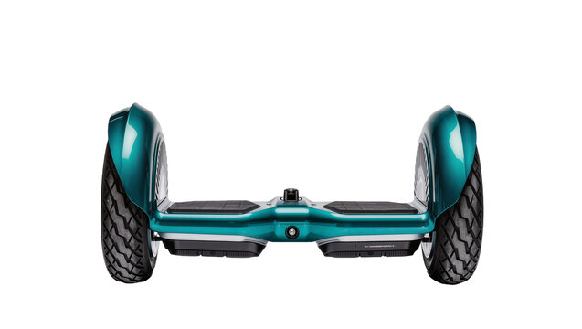 Teal metallic hoverboard with black tires and footpads