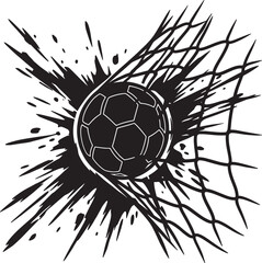 Outline soccer ball bursting through a goal net with a dynamic splash effect, vector illustration, black silhouette on transparent background. © dkzone09 