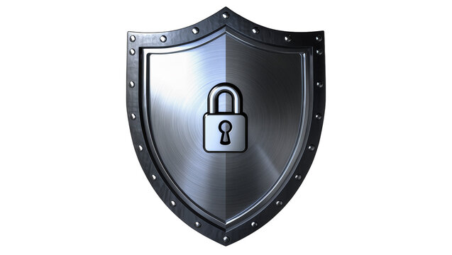 Polished metal shield with padlock symbol, isolated on transparent background