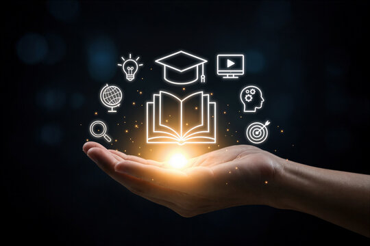Hand holding glowing education icons with open book graduation cap lightbulb globe and learning symbols on dark background digital education concept for e-learning and knowledge