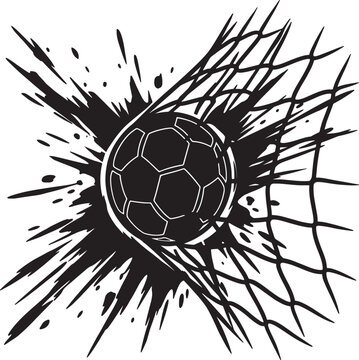 Outline soccer ball bursting through a goal net with a dynamic splash effect, vector illustration, black silhouette on transparent background.
