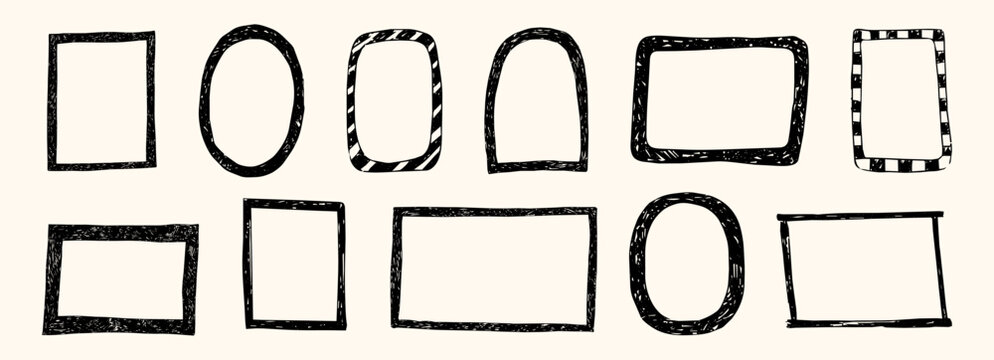Stamp frames with border in Italian coastal style. Decorative, nautical fun scallop frame wiggle retro designs. Hand drawn pencil doodle border set.