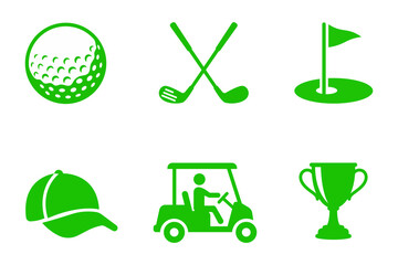 Obraz premium Set of green golf icons including a ball clubs flag cap cart and winner trophy for sports and tournament design