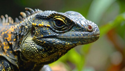 Fototapeta premium Side profile of dark scaly lizard in nature.