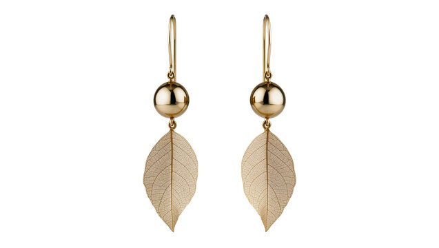 Gold Ball and Skeleton Leaf Dangle Earrings
