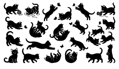 Obraz premium Cute Kitten Playing Silhouettes Vector Set with Active Cats and Fun Pet Poses Collection