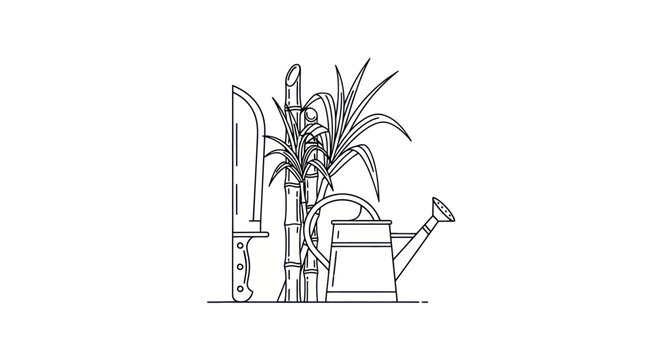 Sugarcane Harvesting Tools Line Art
