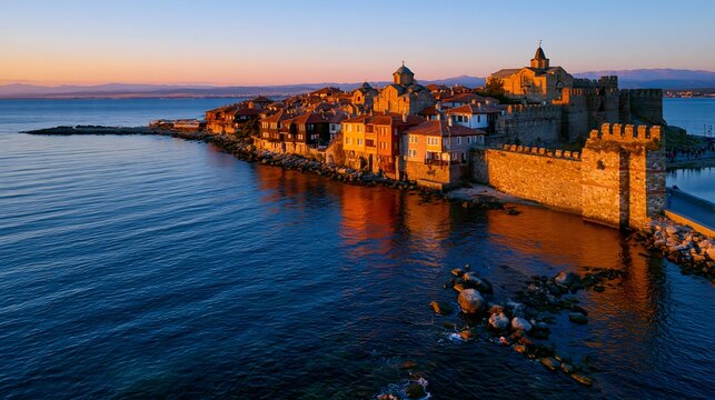 Maritime Heritage: The Ancient Peninsula City of Nessebar Glowing in Warm Golden Hour Splendor Along the Black Sea Coast