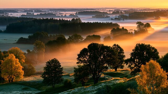 Baltic Dawn: Golden Sunbeams and Morning Mist Across the Historic Struve Geodetic Arc Landscape in Latvia
