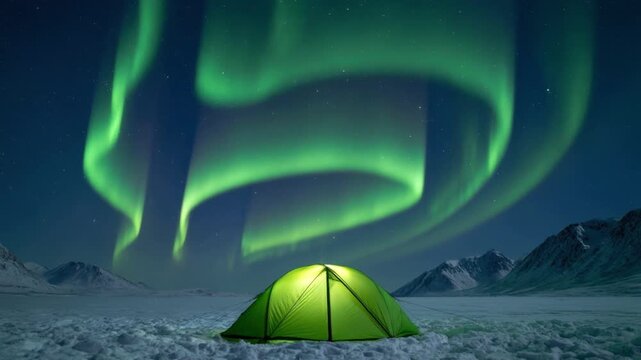 Vibrant green northern lights swirling above glowing green tent set on icy Arctic landscape with distant snow-covered mountains under dark night sky