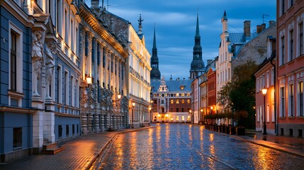 Naklejka premium Art Nouveau Elegance: The Historic Centre of Riga and Its Intricate Sculpted Façades Illuminated at Twilight Blue Hour