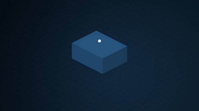 A blue cube with a white dot rotates slowly on a dark background