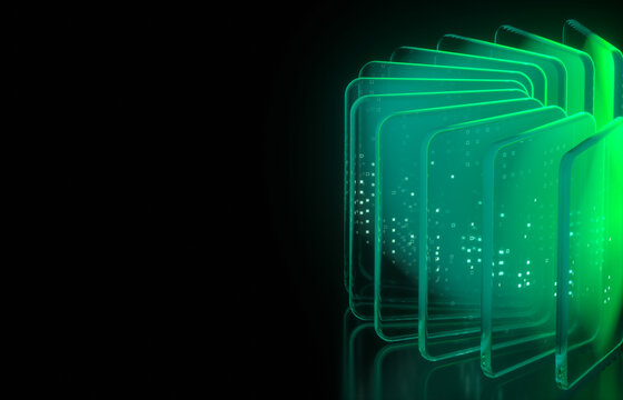 Circular green tech server network with glowing glass plates, 3d rendering.