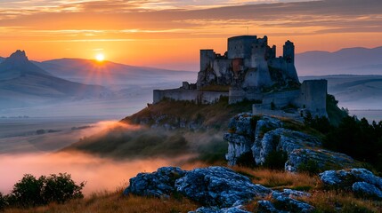 Obraz premium Medieval Majesty: The Ruins of Spiš Castle Perched atop a Limestone Hill Amidst Misty Slovakian Highlands at Sunrise