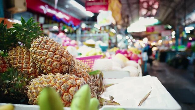 Tracking shot close up of pineapples piled on market stall in indoor bazaar with shallow depth of field and rack focus movement.