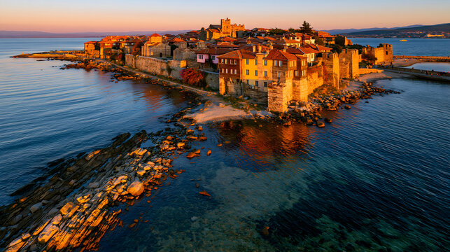 Maritime Heritage: The Ancient Peninsula City of Nessebar Glowing in Warm Golden Hour Splendor Along the Black Sea Coast