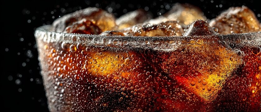 Icy, carbonated brown soda fizzes with condensation against a dark background, evoking refreshment for beverage marketing and culinary themes.