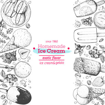 Homemade ice cream monochrome poster template with hand drawn vector sketch gelato side borders on canvas background