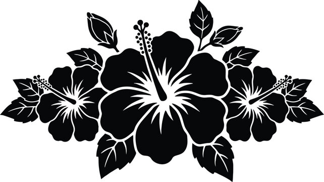 Hibiscus tropical flower bouquet black silhouette vector illustration isolated on white background