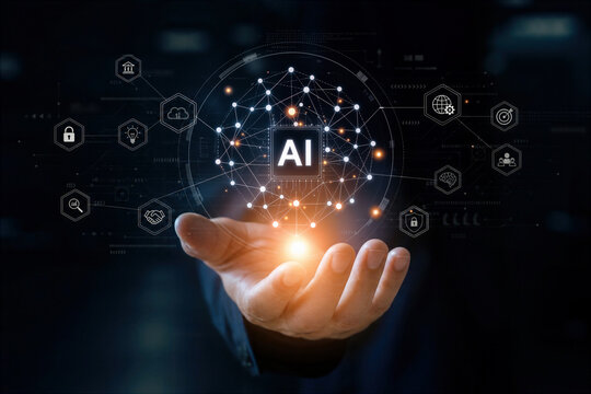 Hand holding AI neural network interface in dark tech environment with glowing digital nodes and connectivity concept for artificial intelligence and machine learning innovation visualization
