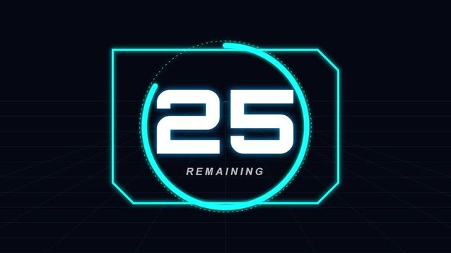 Digital countdown timer with glowing cyan elements and remaining number on dark background