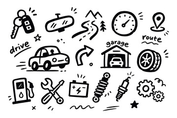 Fototapeta na wymiar Car Driving and Service Doodle Set Vector Illustration