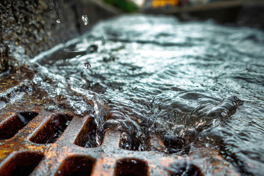 Water splashes over storm drain hatch during recent rainstorm in urban street