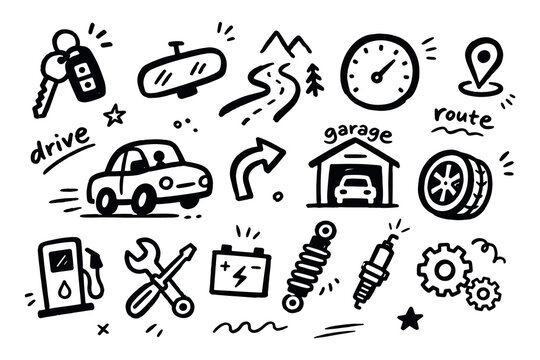 Car Driving and Service Doodle Set Vector Illustration