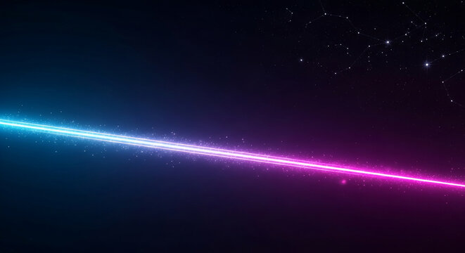Cosmic streaks of blue and pink light traverse a dark background dotted with stars and constellations, symbolizing space, energy, and the unknown