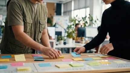 Fototapeta premium Generative AI, Two Colleagues Organizing Colorful Sticky Notes on Kanban Board in Modern Office