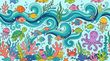 Naklejka premium Cartoon fish, jellyfish, turtle, octopus, crabs swim happily in colorful coral reef