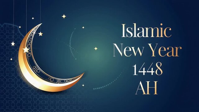 Elegant Golden Crescent Moon with Stars on Dark Blue Background Celebrating Islamic New Year 1448 AH Tradition
