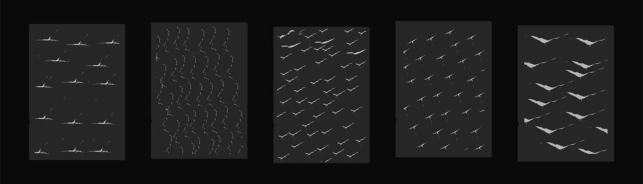 Graphic panels present five variations of white textured motifs arranged neatly against a dark grey background.