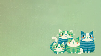 Naklejka premium Cute Cat Family Group on Green Background With Copy Space — Kawaii Pet Greeting Card Template Illustration