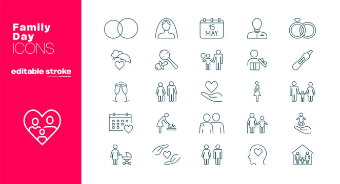 Family line icons. Family Day icon set, editable stroke