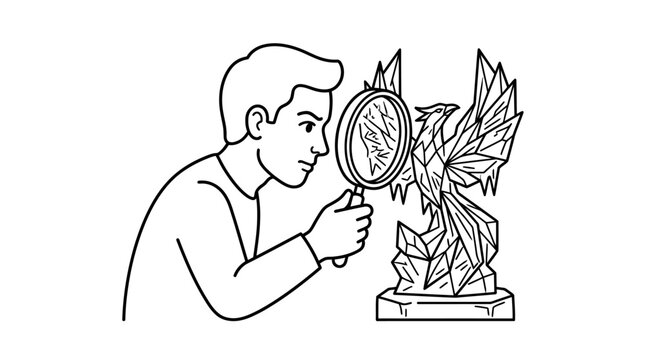 A person examining a geometric phoenix sculpture with a magnifying glass.