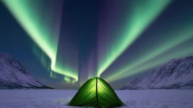 Bright green tent illuminated under spectacular swirling green northern lights with snowy mountain backdrop during clear night in a frozen wilderness