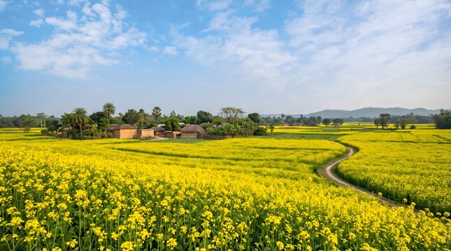Vibrant yellow mustard flower field stretching under bright blue sky with scattered clouds