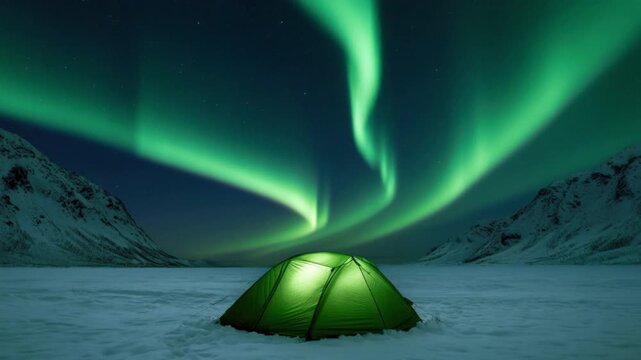 Green camping tent illuminated under vibrant northern lights swirling in clear night sky between snow-covered mountain slopes in remote wilderness