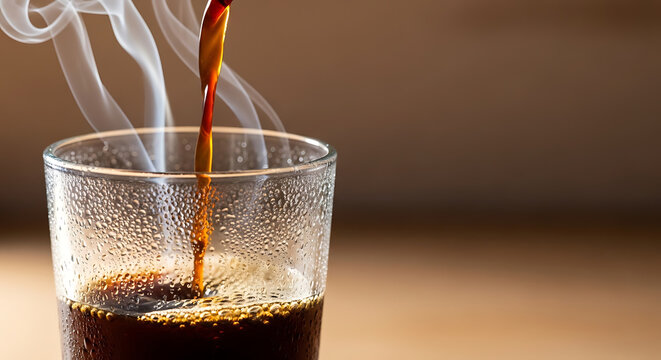 Steaming hot coffee being poured.