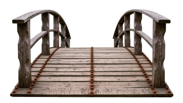 Rustic wooden arched footbridge with metal rivets, isolated on transparent background