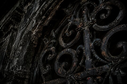 Spooky Halloween Gothic Gate Background with Ornate Wrought Iron Details and Dark Haunted House Atmosphere